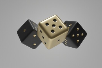 3D rendering Of Golden and Black dices on white background.