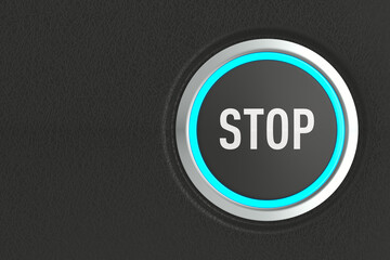 push button with text stop on dark background. 3D illustration