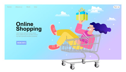 Obraz premium A website landing page template for online shopping. A happy woman sits in a shopping cart, holding a gift box to celebrate a fun purchase. This e-commerce banner includes a shop now button.