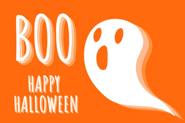 Flying ghost spirit saying Boo. Happy Halloween. Scary white ghosts. Cute cartoon spooky character. Smiling face, hands. Orange background Greeting card. Flat design.