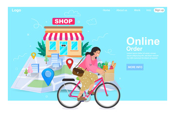 e-commerce , shopping grocery , location shop and payment with woman riding bicycle
