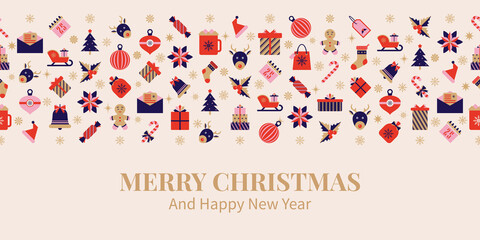 Merry Christmas and New Year greeting banner. Festive background with seamless border consisting of winter holidays decoration elements and ornaments. Vector card with symbols and icons in traditional