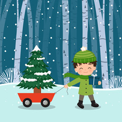 Cute boy pulling a cart with Christmas tree while holding a present box. Flat vector cartoon design