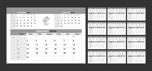 Calendar 2022 week start Sunday corporate design planner template gray color. Happy New Year calender with vector typography for desktop 2022 organizer