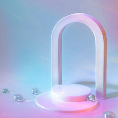 Abstract surreal scene - empty stage with cylinder podium and arch on holographic pastel background...