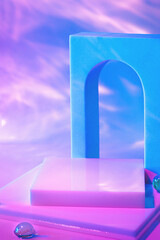 Abstract surreal scene - empty stage with square podium and arch on holographic neon background...
