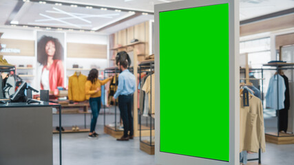 Shot of a Floor-Standing LCD Touch Screen Display with Green Screen Chroma Key Mock Up Standing in...