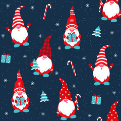 Little gnomes seamless pattern on a dark blue background. Christmas gnome in a hat holding a gift, a Christmas tree and a candy. Fairytale character for the New Year's backdrops. Vector wallpaper. 