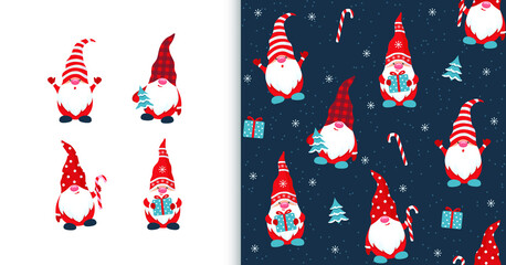 Christmas set of gnomes isolated on white background and dark blue seamless pattern with gnome, Christmas tree, gifts and snowflakes. Little characters. Vector fairytale night wallpaper.