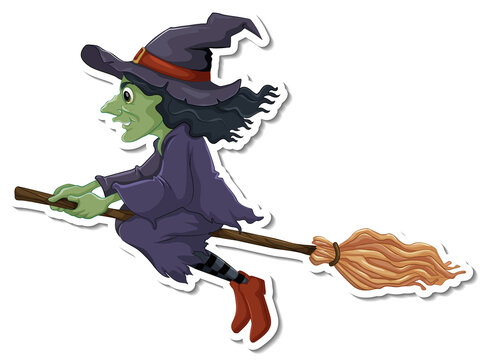 An old witch flying with broom cartoon character sticker