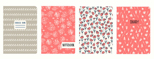Cover page templates based on seamless patterns with anemone, poppies, inflorescences and spiral lines as cursive imitation. Backgrounds for notebooks, notepads, diaries. Headers isolated, replaceable