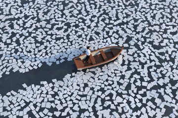 businesswoman on a boat sailing the ocean of paper sheets  - obrazy, fototapety, plakaty