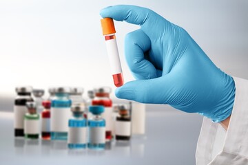 Scientist holding blood sample tube for Coronavirus, Variant test.