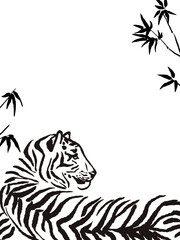 Vector black and white illustration of a lying tiger in bamboo. Outline and line art. Hand drawn ink art, freehand wild big cat drawing. Place for text.