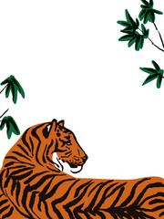 Vector  illustration of a lying tiger in bamboo. Simple and minimalistic hand drawn ink art, freehand wild big cat drawing. Place for text.