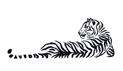 Vector black and white illustration of a lying tiger. Outline and line art. Hand drawn ink art, freehand wild big cat drawing.