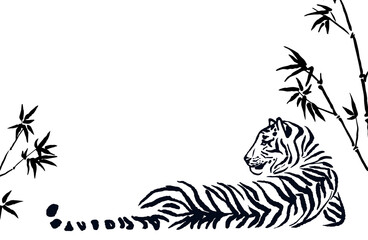 Vector black and white illustration of a lying tiger in bamboo. Outline and line art. Hand drawn ink art, freehand wild big cat drawing. Place for text.