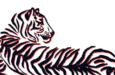 Vector black and white illustration of a lying tiger with red outline. Hand drawn ink line art, freehand wild big cat drawing.