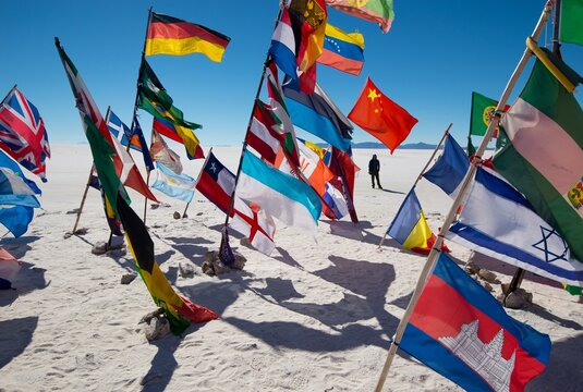 Colorful flags from all over the world at Uyuni Salt Flats, Bolivia, South America