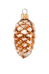 Vintage glass toy for decoration Christmas tree. Gold brown spruce cone with snow. Close-up, isolated on white background for your design.