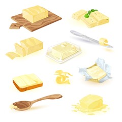 Dairy products collection. Vector butter, spread, or margarine on cutting board with spinach and basil, butter-dish, toast, pack of butter, melted milk product isolated on white. Farm dairy products