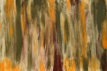 Fototapeta premium Abstract watercolor drawing background. Irregular green, orange, brown and gold stripes, vintage stylish paper wallpaper