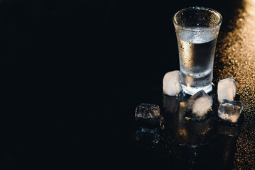 Vodka shot with ice on black table, copy space