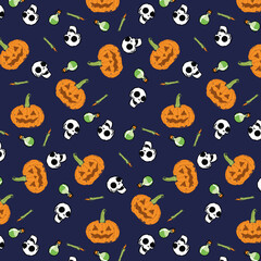 Seamless pattern with pumpkin, skulls, candles, potion on a dark background. It is perfect for Halloween website design, prints and more