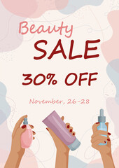Beauty sale banner template. Female hands holding different cosmetic product on abstract background. Poster design for beauty store, blog, shop, magazine. Vector illustration.