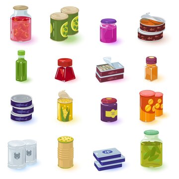 Cartoon collection of home manufacturing of food preservation. Vector organic jams, fish, meat, veggies in jars. Concept of winter food supply, home cooking isolated on white background