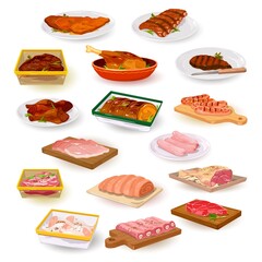Collection of delicious meat meals, animal product marinated with herbs and spices. Vector restaurant assortment, protein dinner, healthy eating idea. Isolated on white background