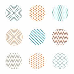Set of colored isolated circles with different geometrical design: dots, lines, curves. Geometrical vector design set in flat style on white background.