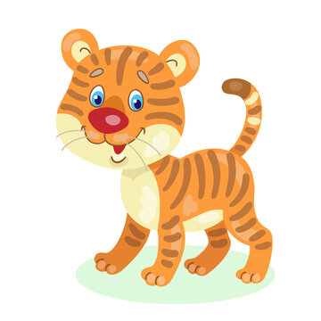 Cute little tiger cub. In cartoon style. Isolated on white background. Vector flat illustration.