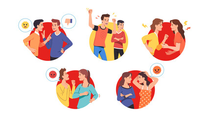 Angry men, women friends yelling arguing set