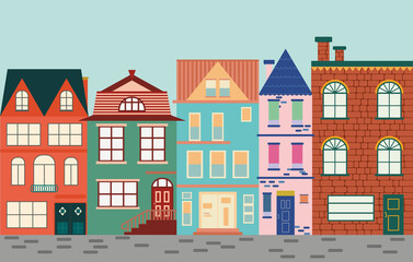 Set of different buildings, houses. Cityscape, city street. Vector logo illustration design.