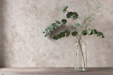 eucalyptus green branches in a vase on a wooden shelf, daylight, interior design, aroma plants for...