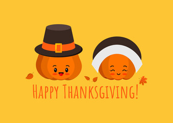 Thanksgiving pumpkin in pilgrim hat on greeting card. Orange cute squash vegetable character in carnival costume. Flat design cartoon style smiling pumpkin boy and girl emoticon vector illustration.  