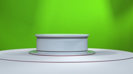 white table with green background in news studio 