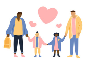 A couple of fathers are holding their children by the hand. Lgbt family. A happy family.