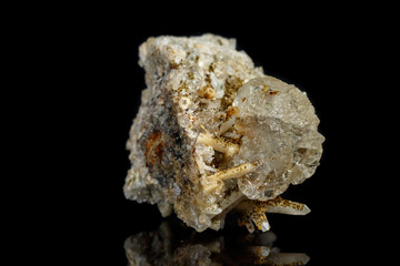 Macro mineral stone fluorite with quartz against black background