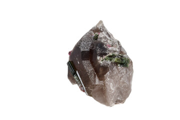 Macro mineral tourmaline stone in quartz on a white background