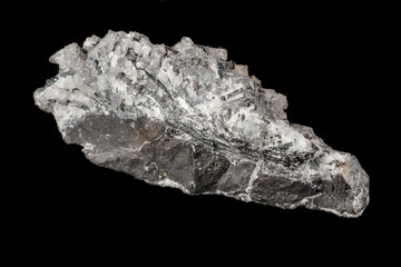 Macro mineral stone Stibnite quartz on a black background