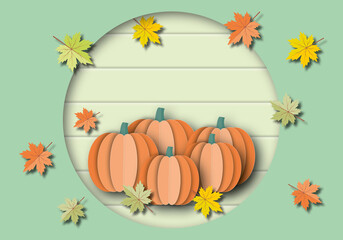 Autumn of orange pumpkins with colourful leaves on pastel wood banner background. Concept for Autumn or Thanksgiving and Halloween. Template of card, ad, poster. copy space. Paper art design style.
