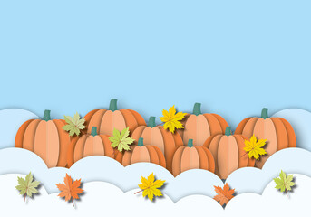 Autumn of orange pumpkins with colourful leaves and cloud on sky background. Concept for Autumn or Thanksgiving and Halloween. card, ad, poster. Space for the text. Paper art design style.