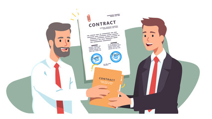Happy worker reach agreement. Signed contract  - obrazy, fototapety, plakaty