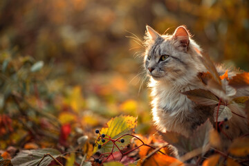 Photo of a fluffy gray cat in the autumn garden.