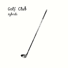 Golf Club types. Hybrids. Ink black and white doodle drawing in woodcut style.