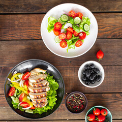 different types of salads on the table menu vegetables, meat, salad fresh portion ready to eat meal snack copy space food background rustic. top view keto or paleo diet