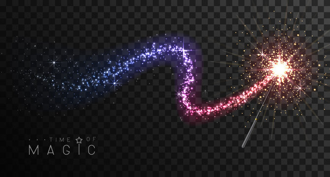 Magic wand with multicolor glowing shiny trail.  Isolated on black transparent background. Vector illustration