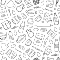 Naklejka premium Seamless pattern with doodle cooking ingredients.